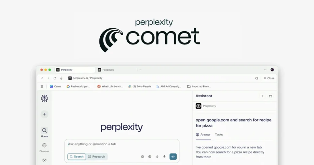 Perplexity Comet AI browser showing intelligent assistant performing a task with a clean interface