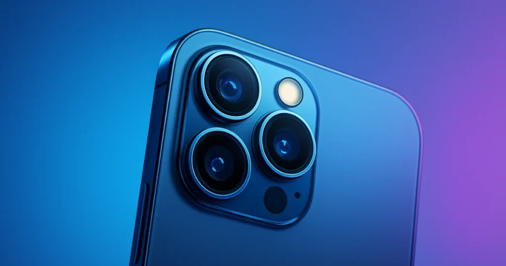 Close-up of a modern smartphone camera with multiple lenses, showcasing advanced technology