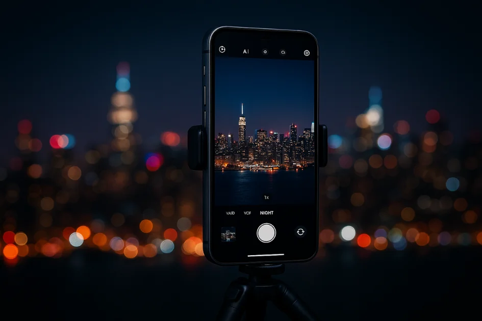 Smartphone on a tripod capturing a vibrant cityscape at night, showcasing night mode photography
