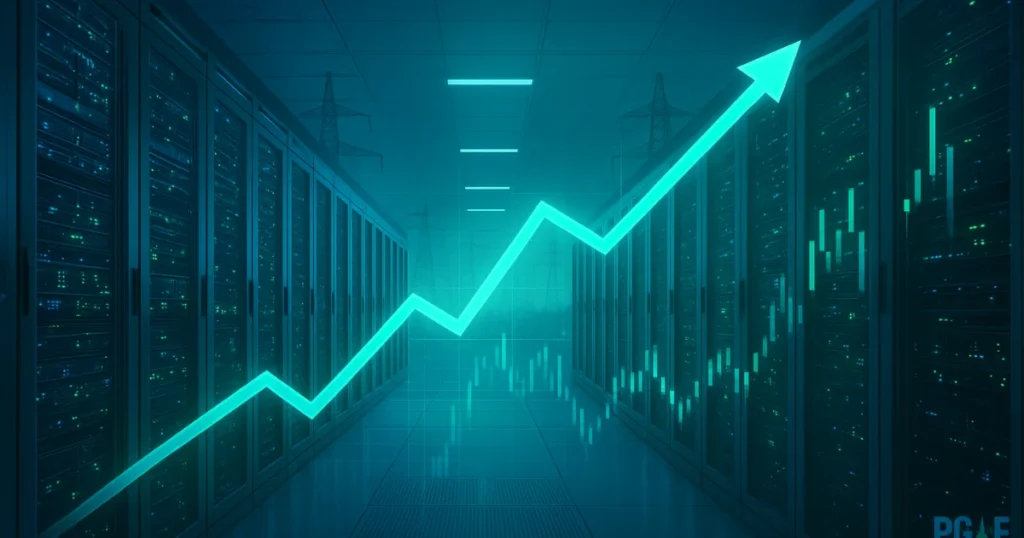 PG&E data center expansion with electrical grid infrastructure and rising stock chart showing 10 gigawatt capacity growth for AI technology